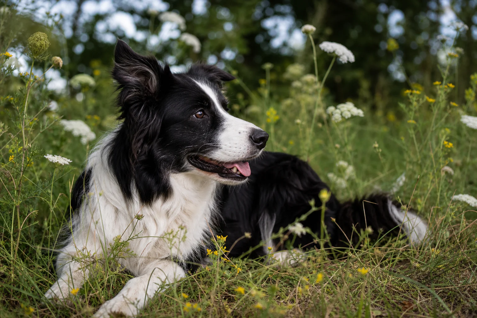 A black-and-white Border Collie watching the meadow from among layered white and yellow wildflowers
