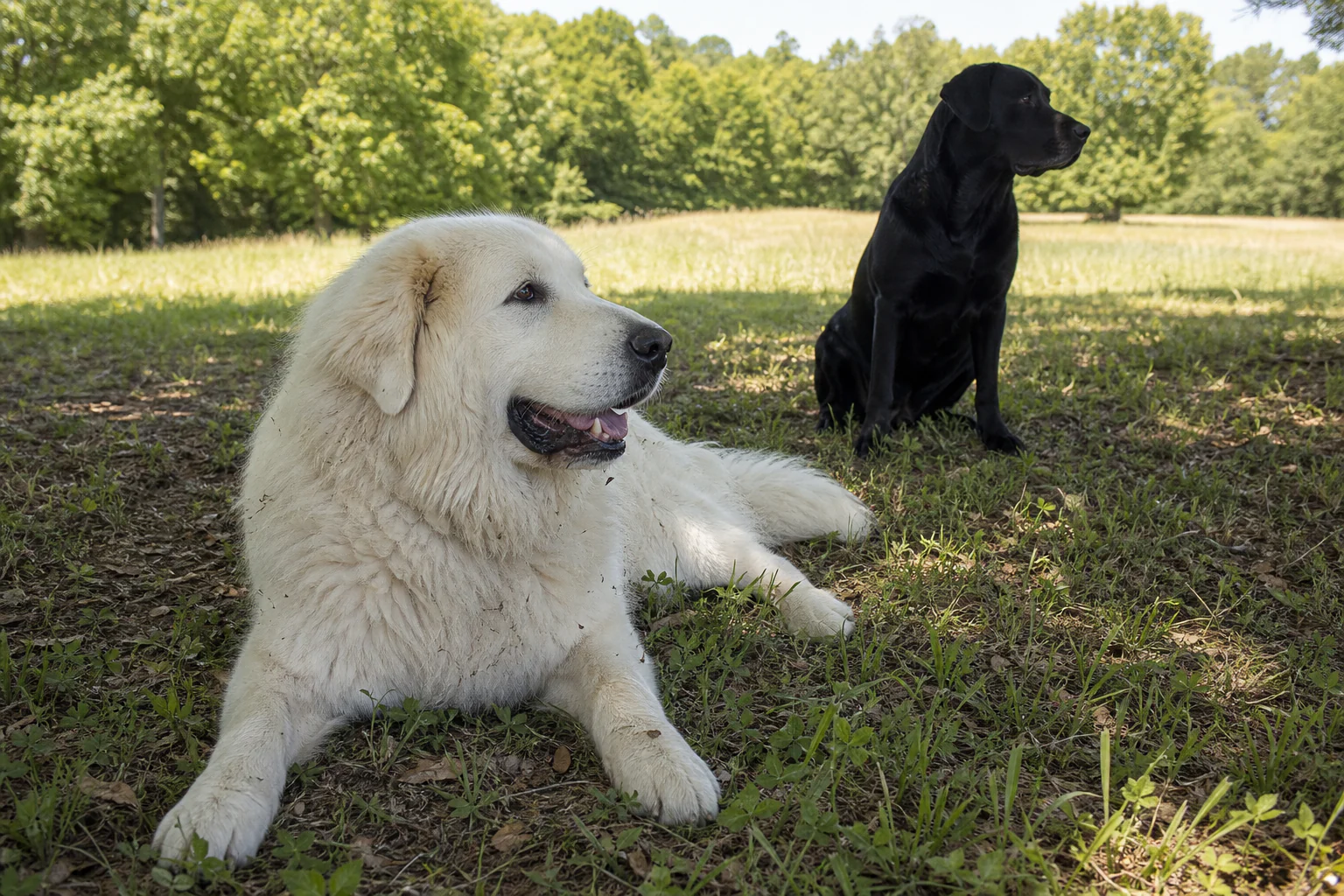 A Great Pyrenees and black Labrador resting comfortably at staggered depth in bright tree shade