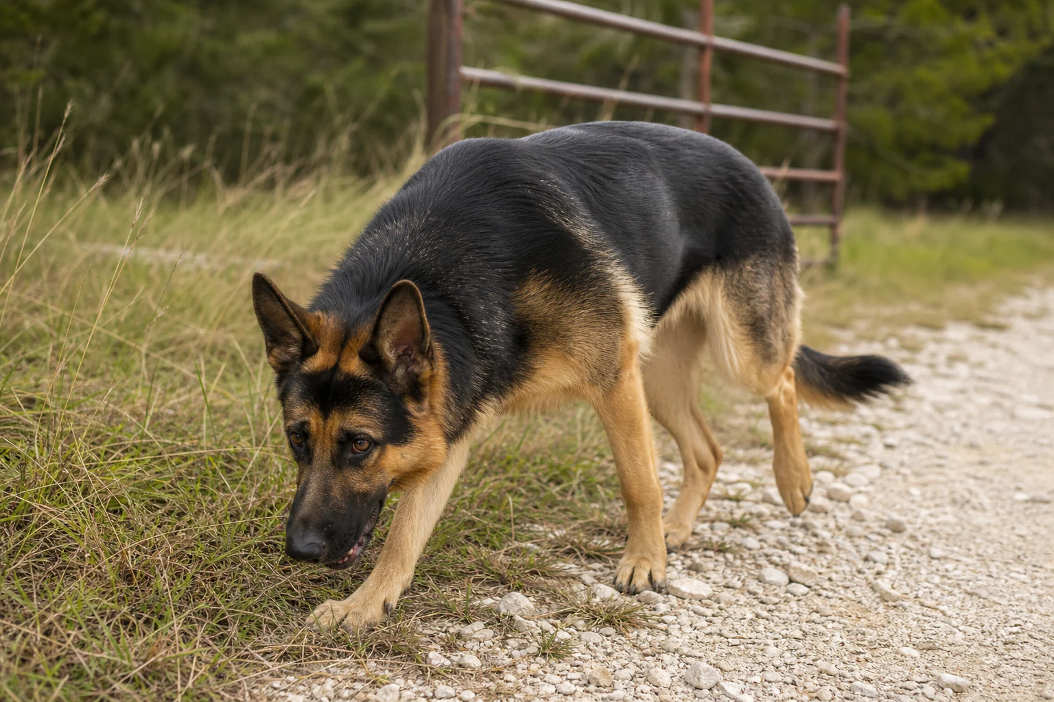 A German Shepherd following a scent beside the gravel edge and a simple metal ranch gate