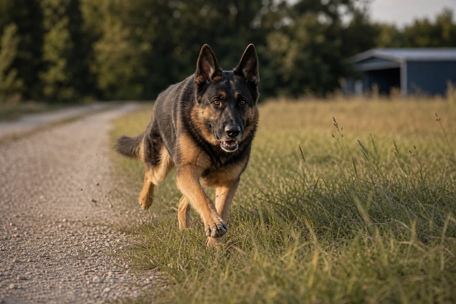 A German Shepherd running toward the camera along the edge of a pale gravel drive
