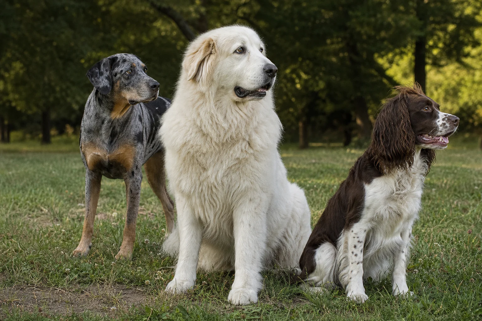 A Great Pyrenees, Catahoula Leopard Dog and English Springer Spaniel gathered loosely on the grass