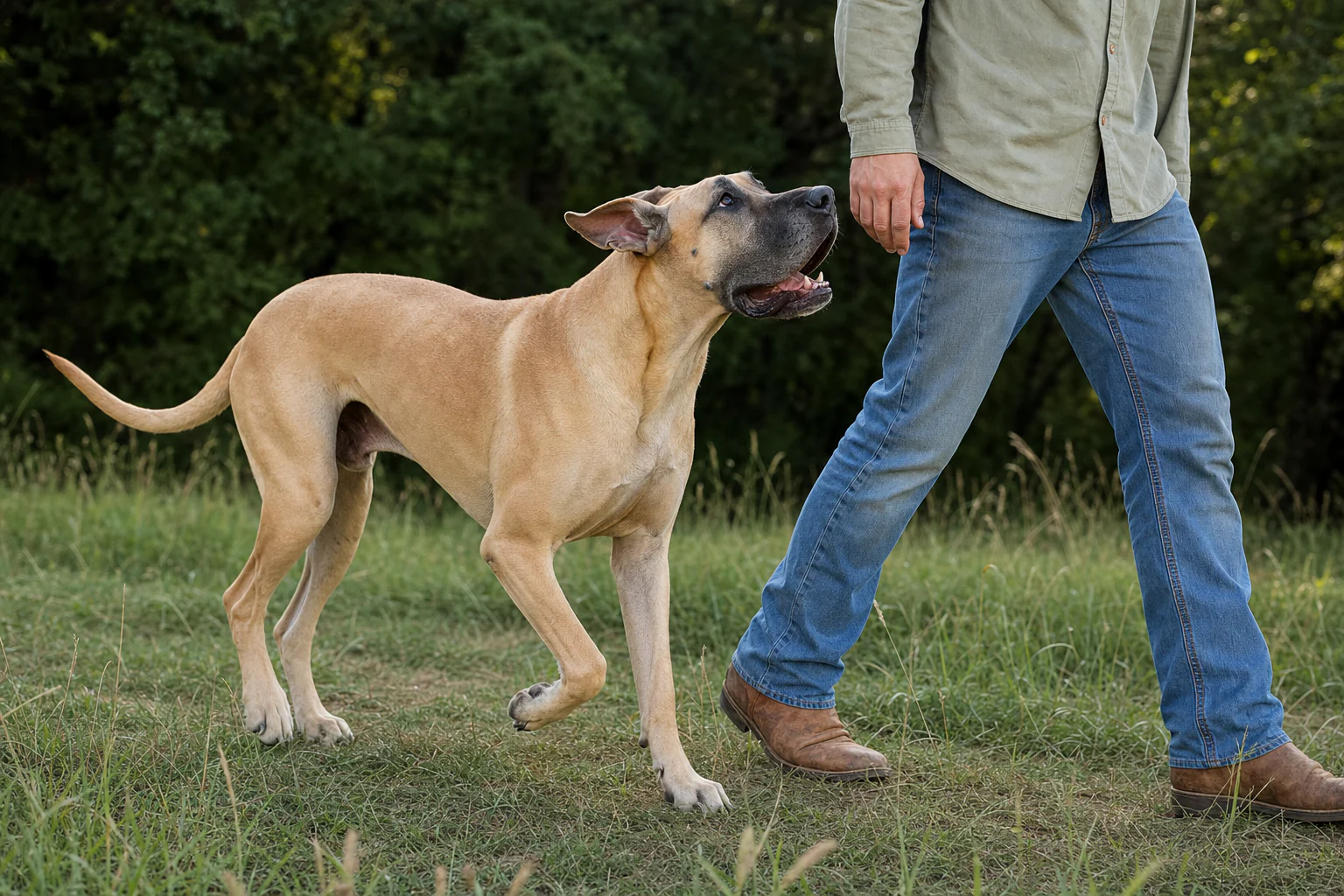 A fawn Great Dane looking up attentively while walking beside a retreat caretaker