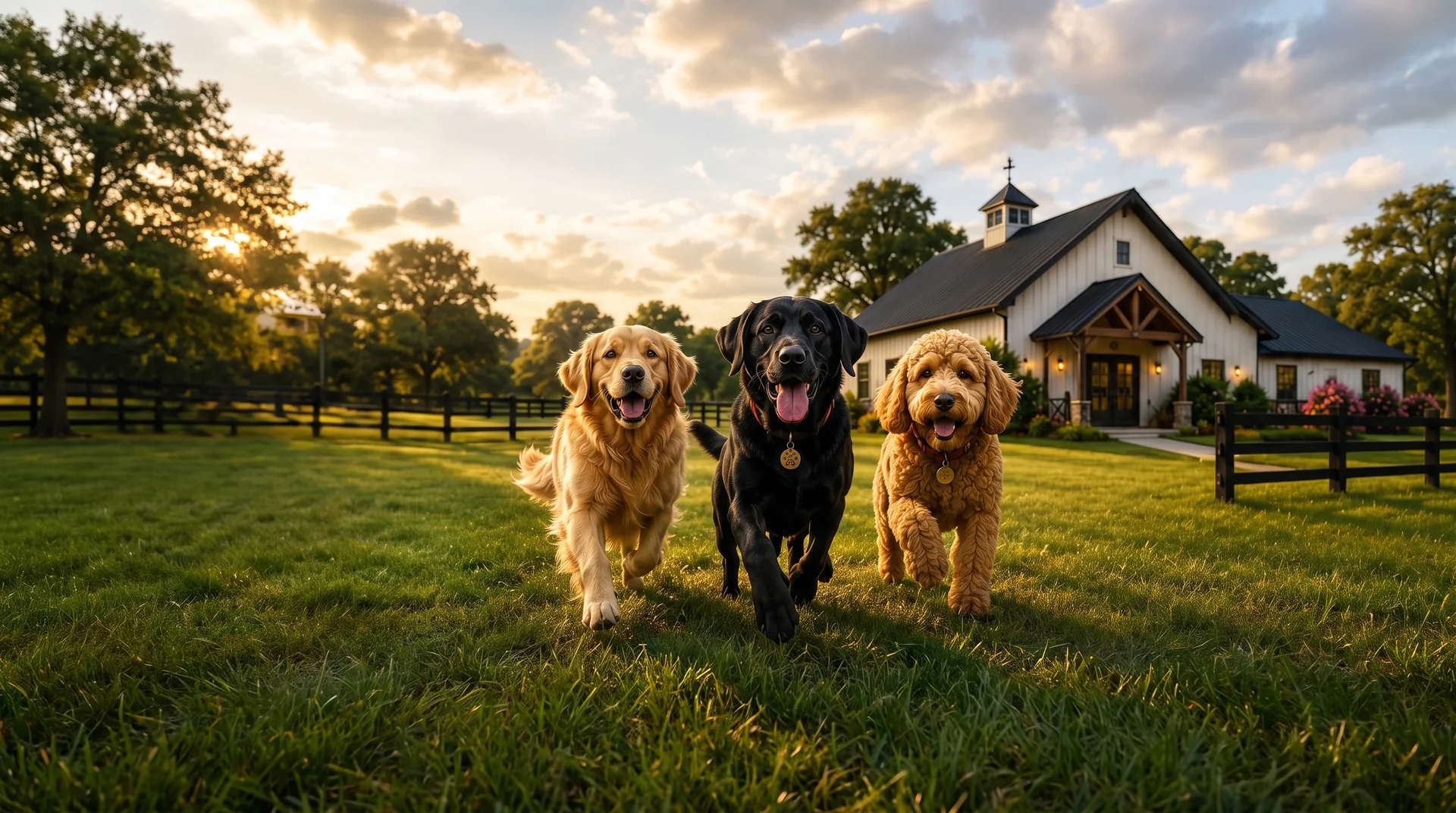 Three dogs, a golden retriever, a black labrador and a doodle, running across a sunlit lawn in front of the white barn at The Paw Club Country Retreat