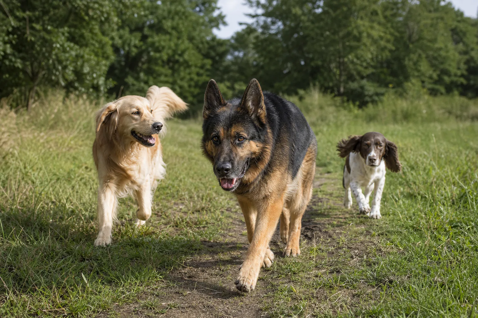 A German Shepherd, Golden Retriever and English Springer Spaniel returning together along a woodland-edge pasture path