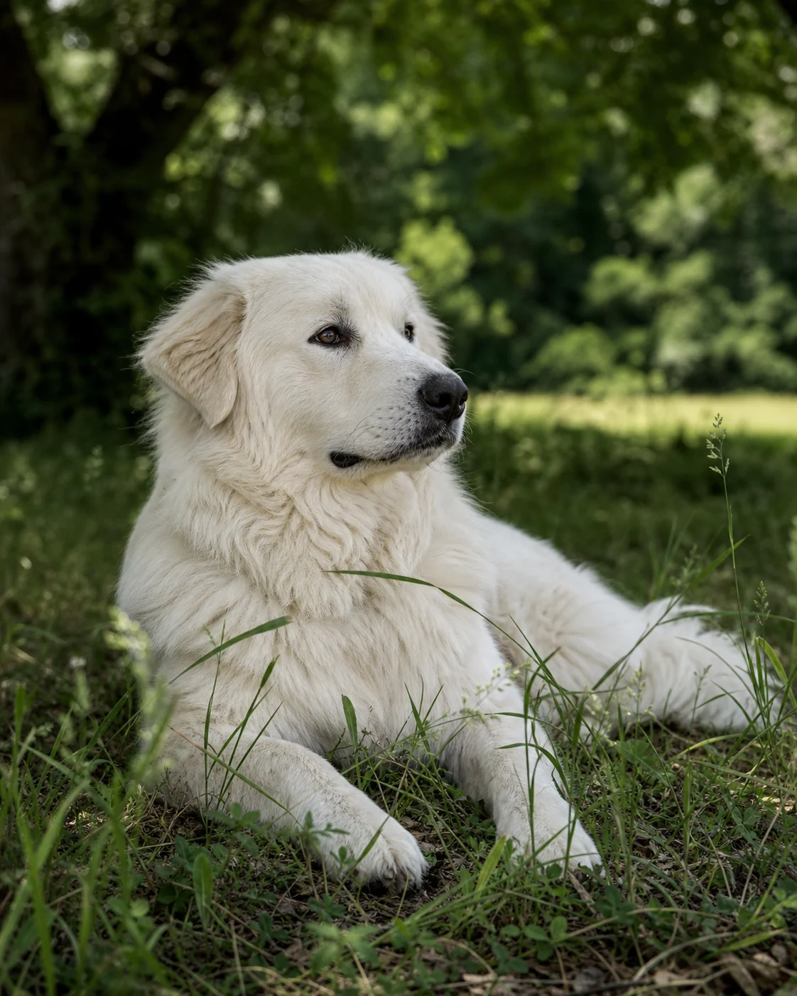A Great Pyrenees resting in dappled shade, looking calmly past the camera