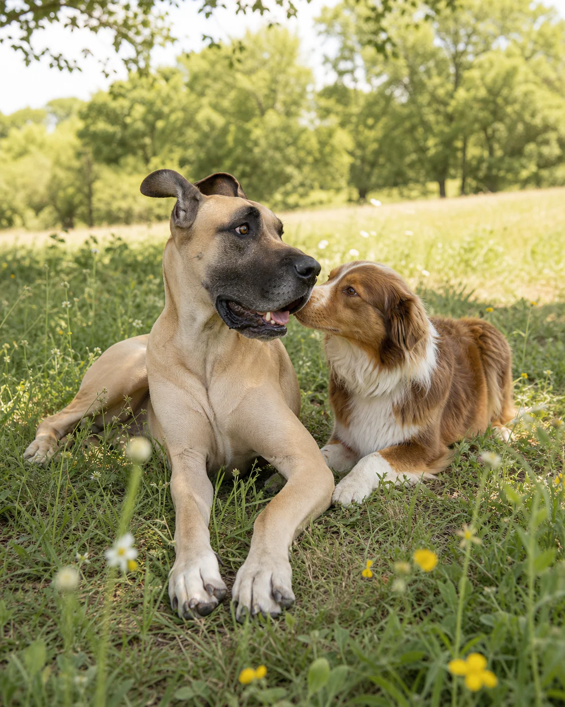 A fawn Great Dane and a rust-and-white dog sharing an affectionate rest in bright meadow shade