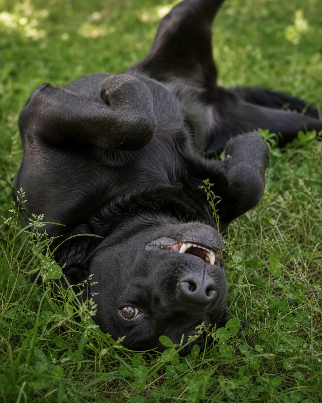 A large black dog rolling playfully in meadow grass during an unguarded candid moment